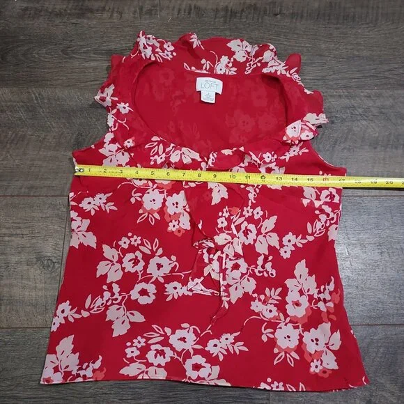 Ann Taylor Loft Silk Ruffle Sleeveless Blouse Red White Pink Beach Summercore - Picture 3 of 11